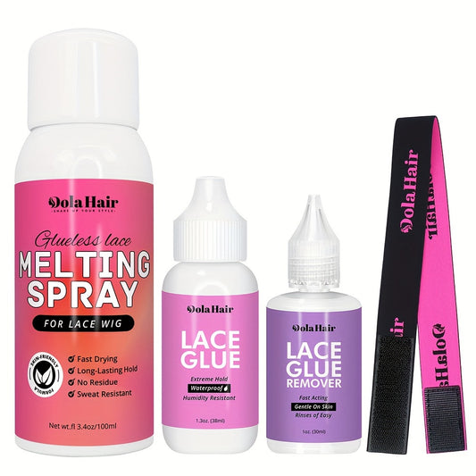 "Kit de colle Dolahair pour perruques en dentelle - Spray hypoallergénique et imperméable avec dissolvant et bande élastique."