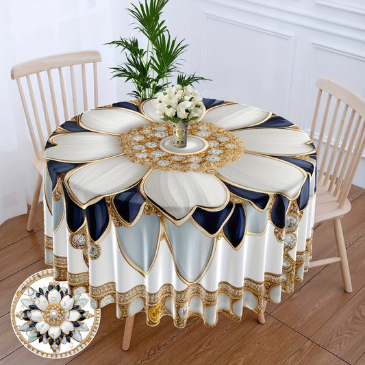 "Nappe ronde à fleurs en polyester, style luxueux moderne, multi-usages pour intérieur et extérieur."