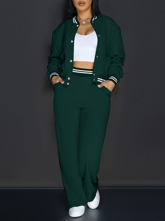 "Ensemble deux pièces vert chic pour femme, style vacances décontracté, veste bomber et pantalon, en polyester et élasthanne extensible, lavable en machine."